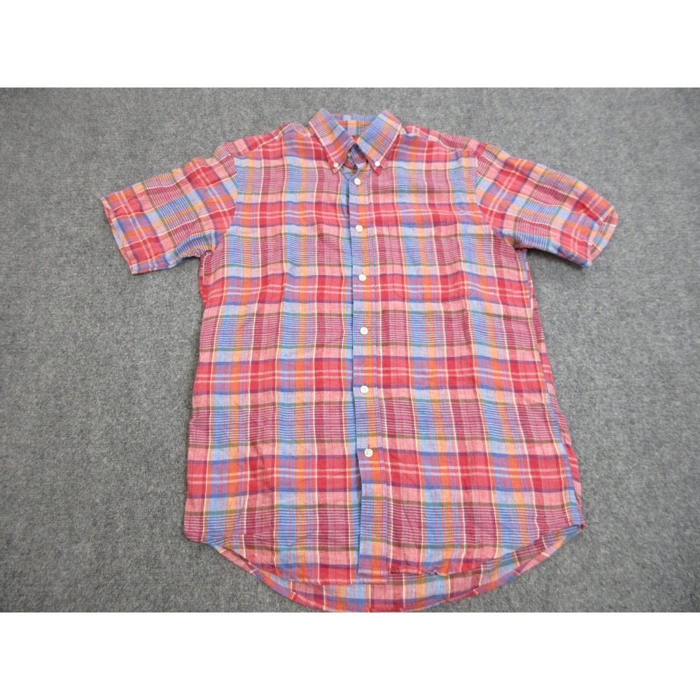 Orvis Shirt Mens Medium‎ Red Plaid Linen Madras Button Up Casual Lightweight